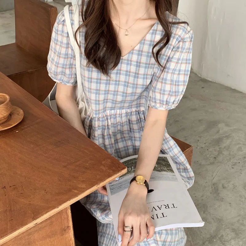 

Firm offers will loose with three standard qi han edition retro plaid skirt show thin hubble-bubble sleeve dress in long v-neck