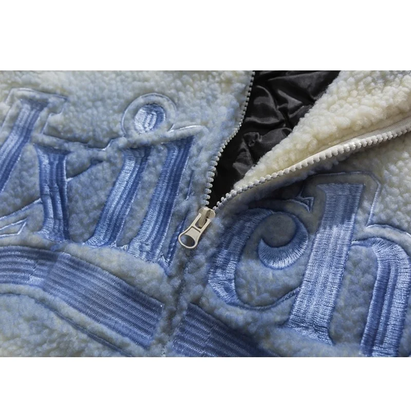 Aolamegs Lambswool Parkas Jacket Men Embroidery Gradient Print Zipper Coat Winter Warm Fashion Hip Hop Cotton Padded Outwear Men