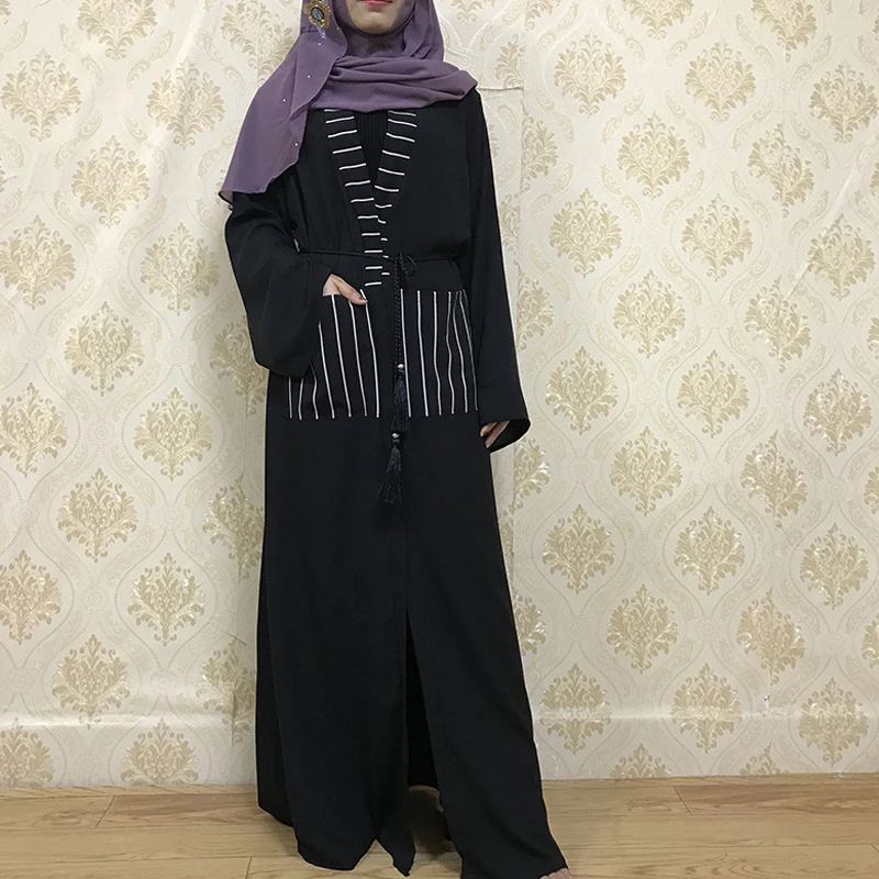 

MISSJOY Muslim Turkish Women Dress Casual Striped Pocket Patchwork Cardigan 2019 Abaya Middle Eastern Long Female Robe Elegant