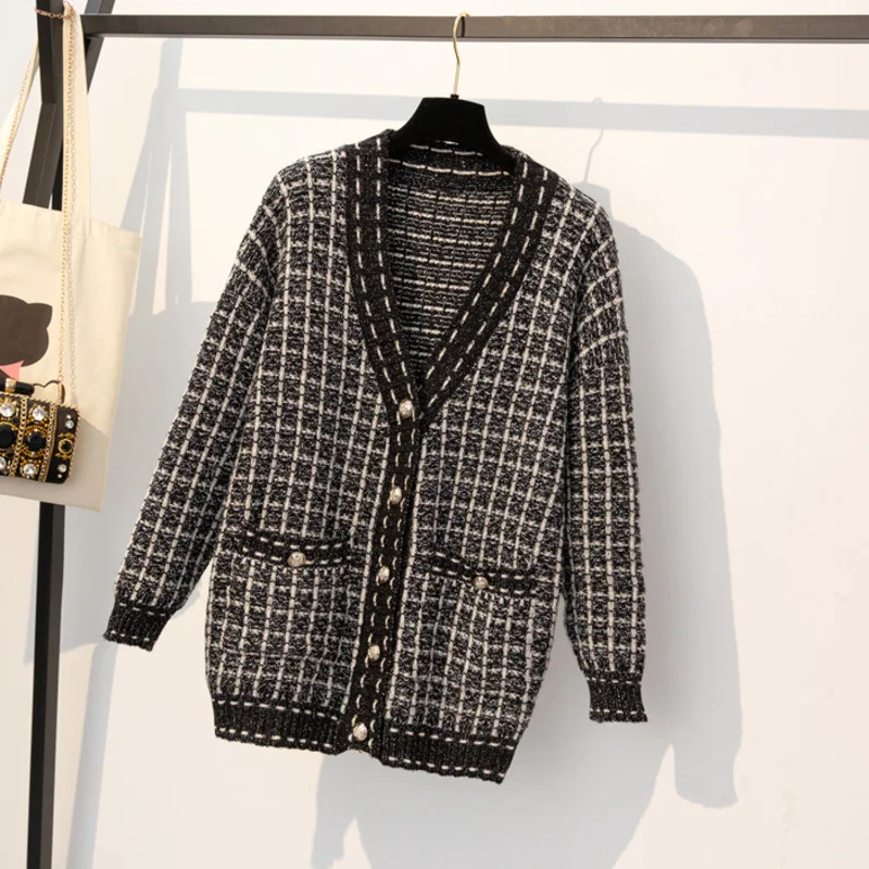

High Quality Autumn Winter New Fashion 2020 Korean Vintage Sweater Cardigan Women V-neck Luxury Beaded Knitted Jacket Coat
