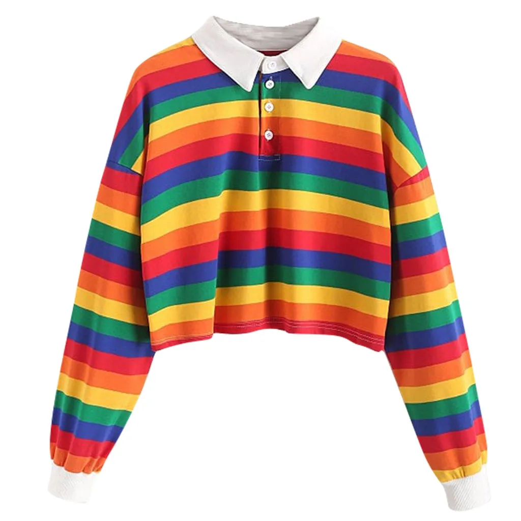 Womens Color Stripe Button Long Sleeve Pullover Hoodies Sweatshirt Tops Blouse Las Mujeres Sweetshirts Спортивный Костюм Женск