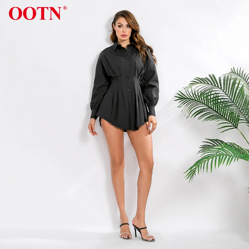 OOTN отложной воротник офисная рубашка платье дамы фонарь с длинным рукавом Элегантная плиссированная Туника белые женские платья осень