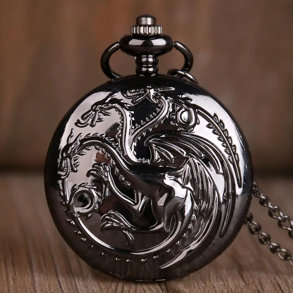 

Fashion Retro Vintage Pocket Watch Black Blood Dragon Pattern Quartz Pocket Watch Analog Pendant Unisex Kid Watch Necklace Chain