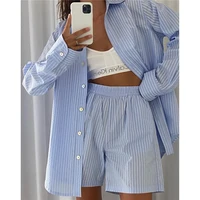 casual lounge wear women blue stripe tracksuit shorts set long sleeve shirt tops and mini loose shorts suit two piece set