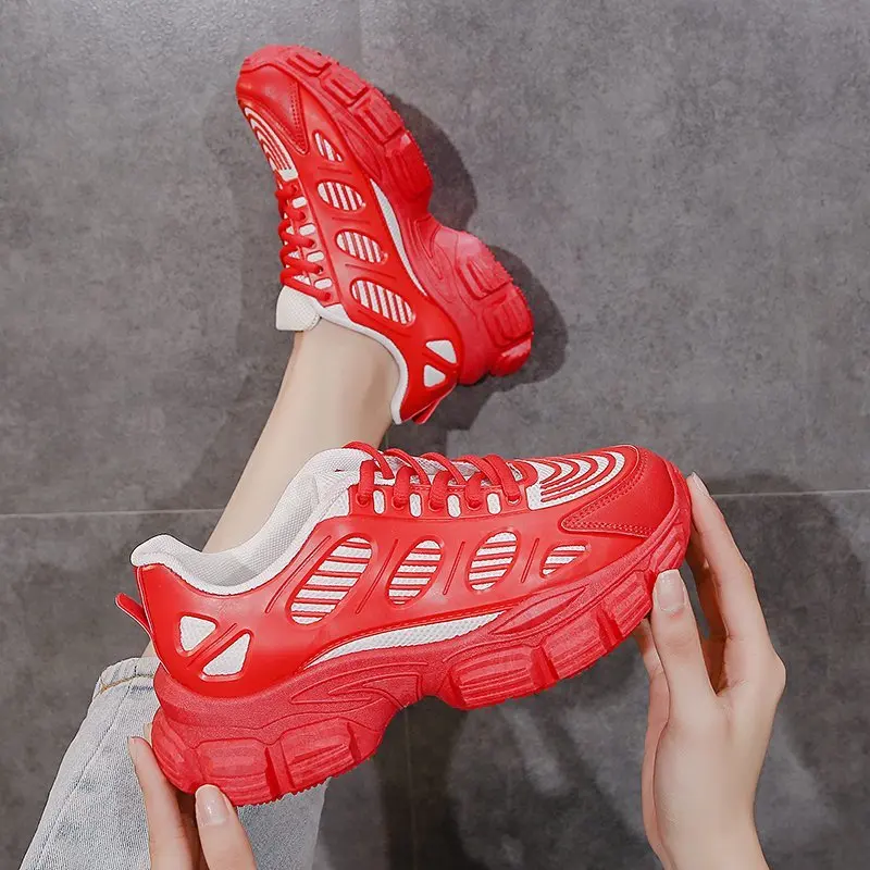 

2021 Sneakers Fashion Women Shoes Yellow red Mesh Casual Shoes Woman Trainers Lace-Up Platform Sneakers Women Vulcanize Shoes