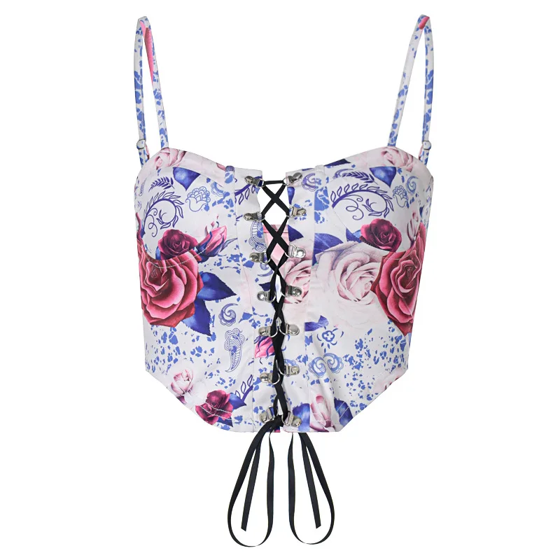 

Hjwsfdcai 2021 New Front Button Printed Corset Sexy Strappy Flower Tops Women's Waist Corsets Street Party Club Female Bustier