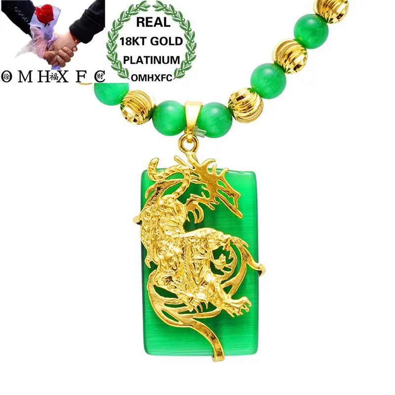

MHXFC Wholesale European Fashion Male Party Wedding Gift Tiger White Green Rectangle Opal Real 18KT Gold Pendant Necklace NL162