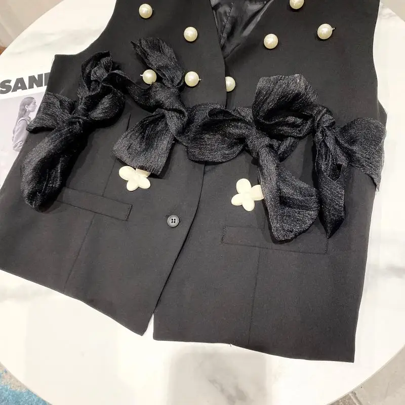 

2021 Summer New Pearl Beaded Bow Decorative Suit Vest Women's Solid Color Fashion Single Button Vest for Ladies