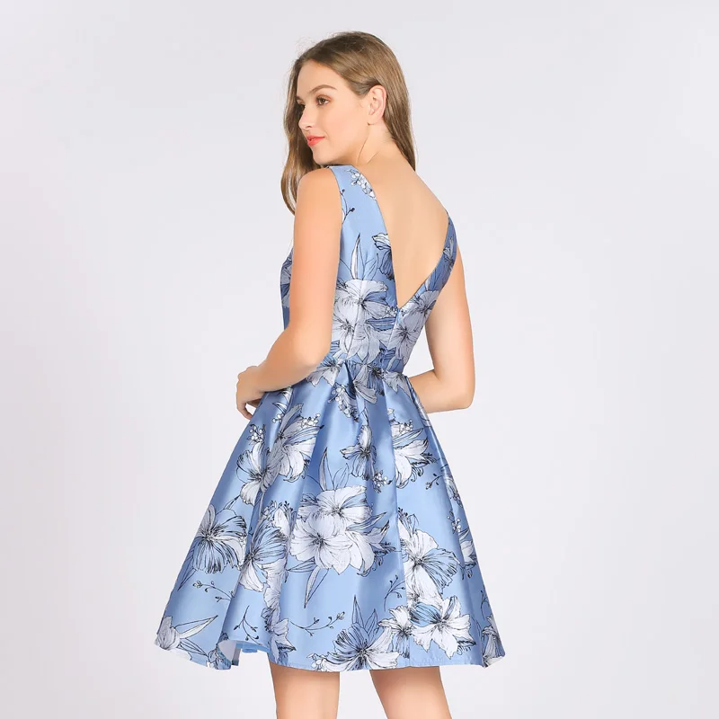 Heliar Women's Floral Printed Satin Dresses Summer Strapless Print Sky Blue Female Causal Sleeveless Beach Dress For Women | Женская