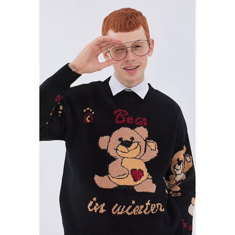 Japanese Harajuku Cute Knitted Heart Bear Sweater for Women and Men Oversized Kawaii Graphic Cartoon Pullover Jumper | Женская одежда