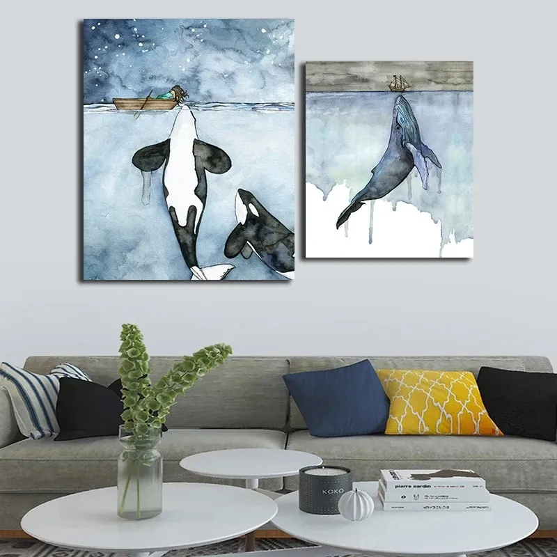 

Watercolor Whale Seascape Canvas Painting Poster and Prints Wall Art Pictures Artwork for Living Room Home Decor