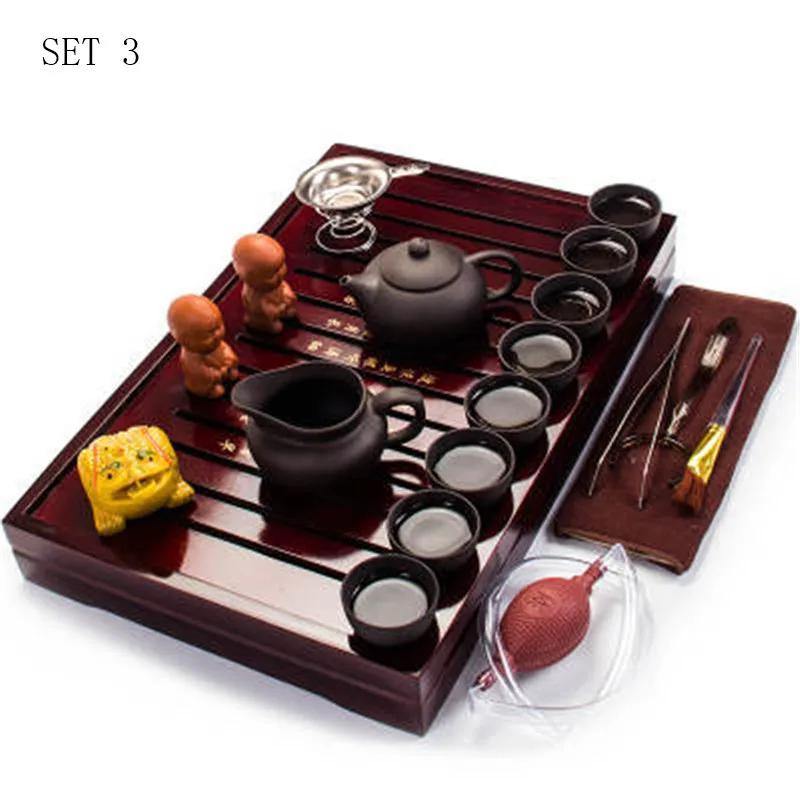 SET 3 Отличный Фиолетовый глиняный чайный набор кунг-фу чайник gaiwan заварочный чахай деревянный бамбуковый поднос китайский чайный церемониальный набор - Цвет: SET 3