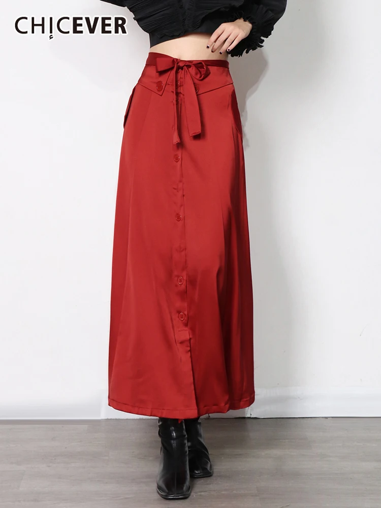 

CHICEVER, корейская мода, красная юбка для женщин, высокая талия, трапециевидная, Лоскутная, с бантом, однотонная, миди-юбка, женская осенняя одеж...