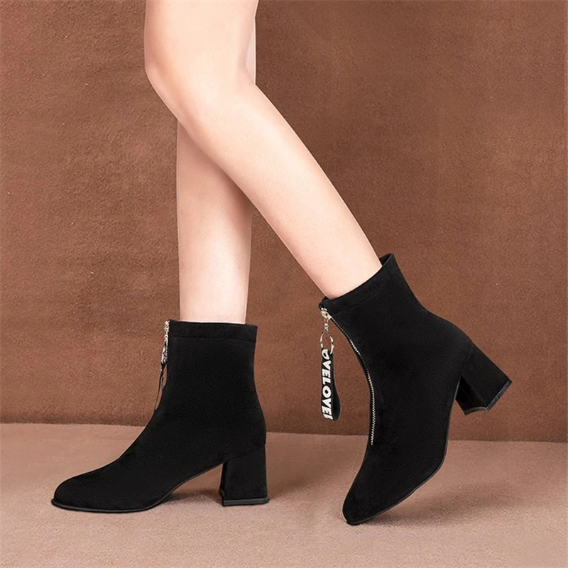 

Plus Size Women Shoes High Heel Boots Flock Shoes Women Fashion Winter Boots Warm Dress Shoes Block Heels Women Ankle Booties