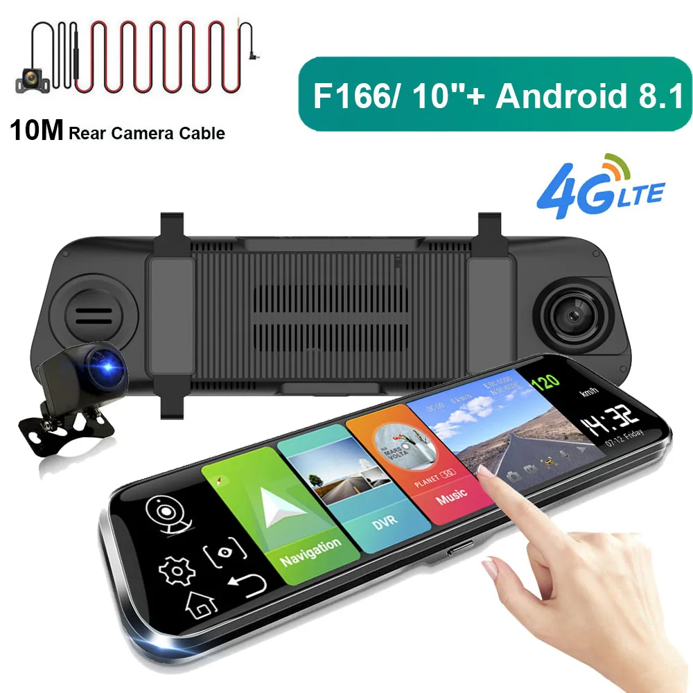 F166-10M Cable HGDO 1" Android 8,1 зеркало заднего вида dvr 4g Dash cam ADAS gps Автомобильные видеорегистраторы Full HD 1080P Авто регистратор двойной объектив видео регистратор - Название цвета: F166-10M Cable