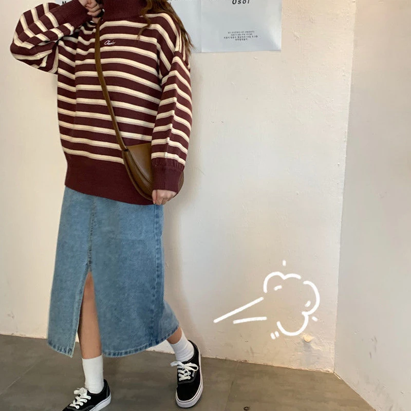 

Sweaters Women Half Turtleneck Loose Knitting Striped Sweater Pullovers Chic Trendy Ulzzang Warm Knitwear BF Soft Daily Jumper