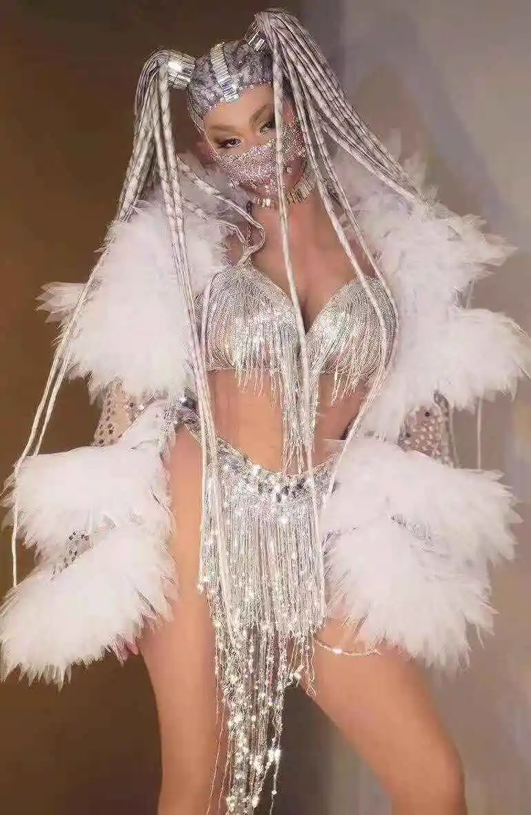 

Silver Sequins Tassel Bikini Mesh Fringe Coat Three-piece Set Party Outfit Nightclub Dance Costume Singer Dancer Stage Wear