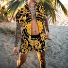 Мужской пляжный костюм с принтом, Повседневная рубашка с отложным воротником и короткими рукавами, шорты в стиле пэчворк, летняя уличная одежда, Гавайские костюмы для отпуска, 2021