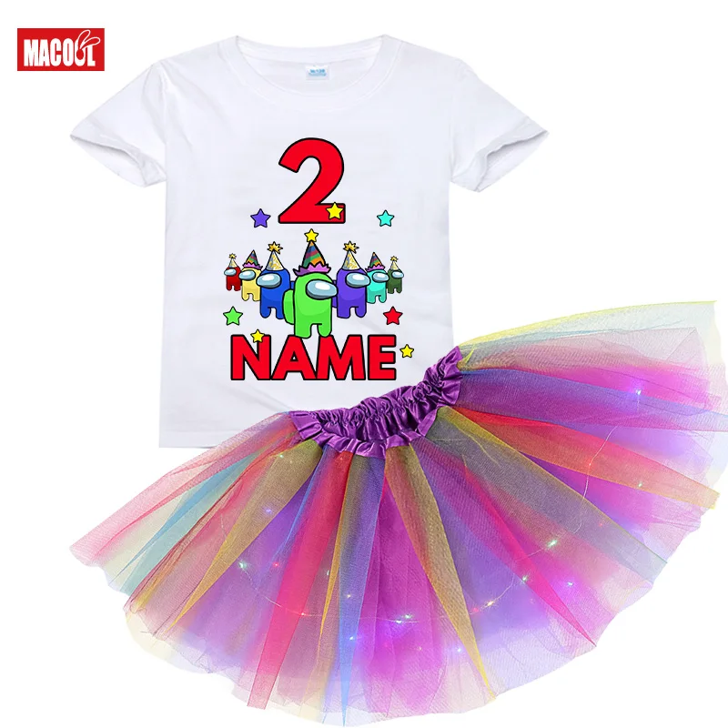 

Birthday Girls Tutu Dress Set Girl Shirt Personalized NAME Kids Dress Party Light Christmas Custom Princess Dress Girl Clothes