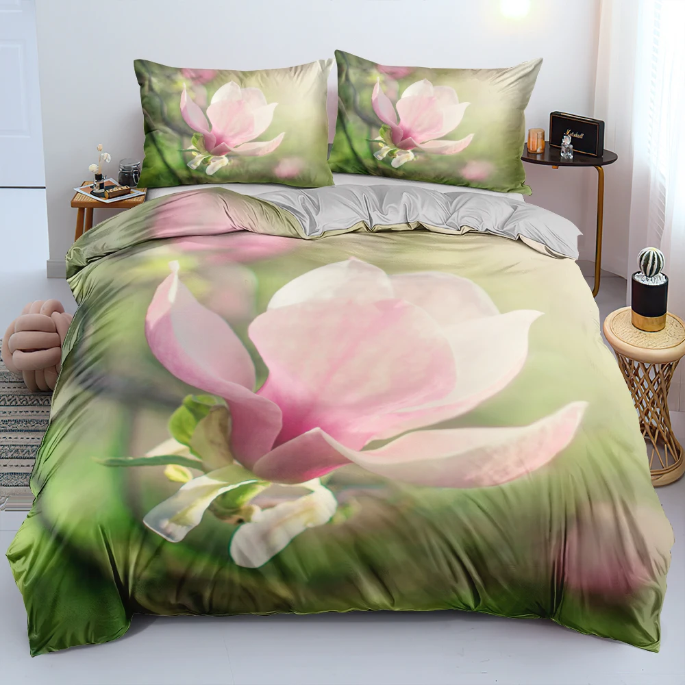 

3D Elegant Pattern Lotus Duvet Cover Set Green Quilt Cover With Pillowcases Skin-Friendly Bed Linen Set Twin Double Queen King