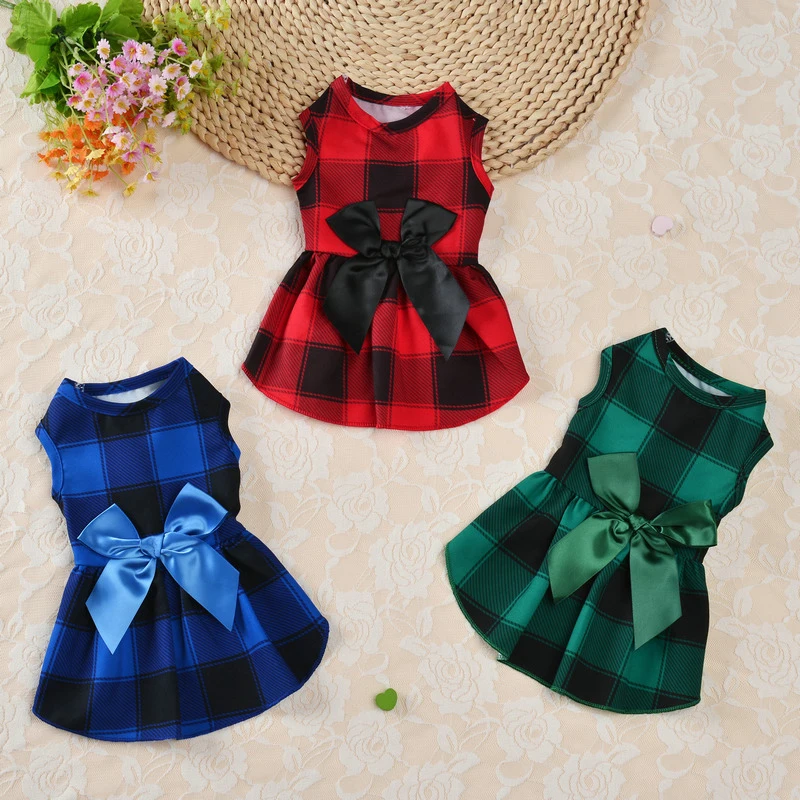 

Christmas Dog Plaid Dress Sweet Bowknot Dog Clothes For Small Dogs Princess Dress Skirt puppy dress plaid skirt Pet Supplies
