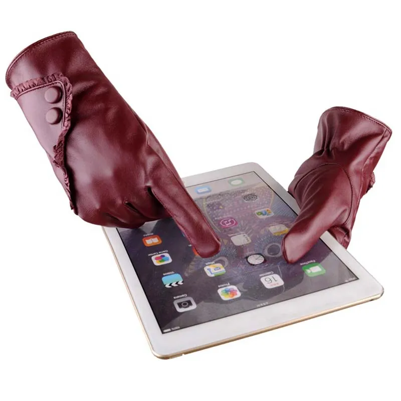 

Hot Winter Female Warm Cashmere PU Leather Gloves Mittens Double thick Plush Wrist Women Touch Screen Driving Gloves