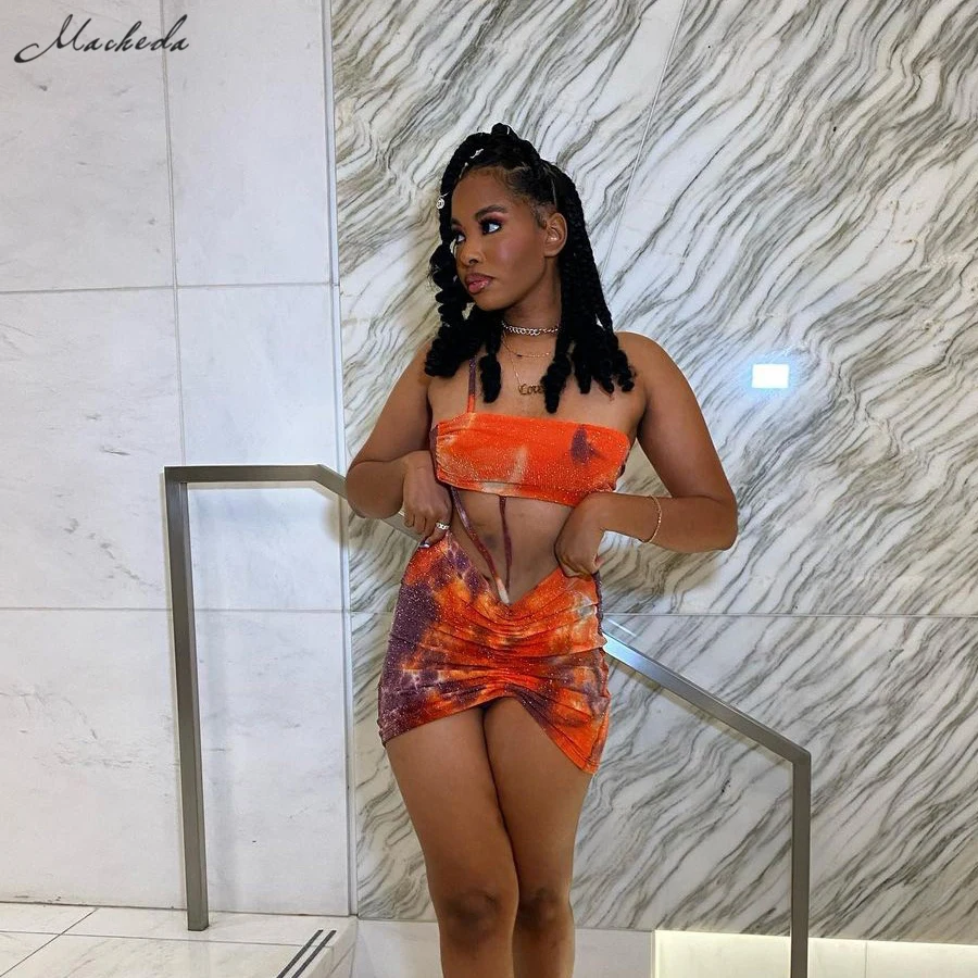 

Macheda Summer Sexy Printing Slim Two Pieces Set Women Fashion Sleeveless Crop Top And High Waist Shirring Mini Skirt Sets