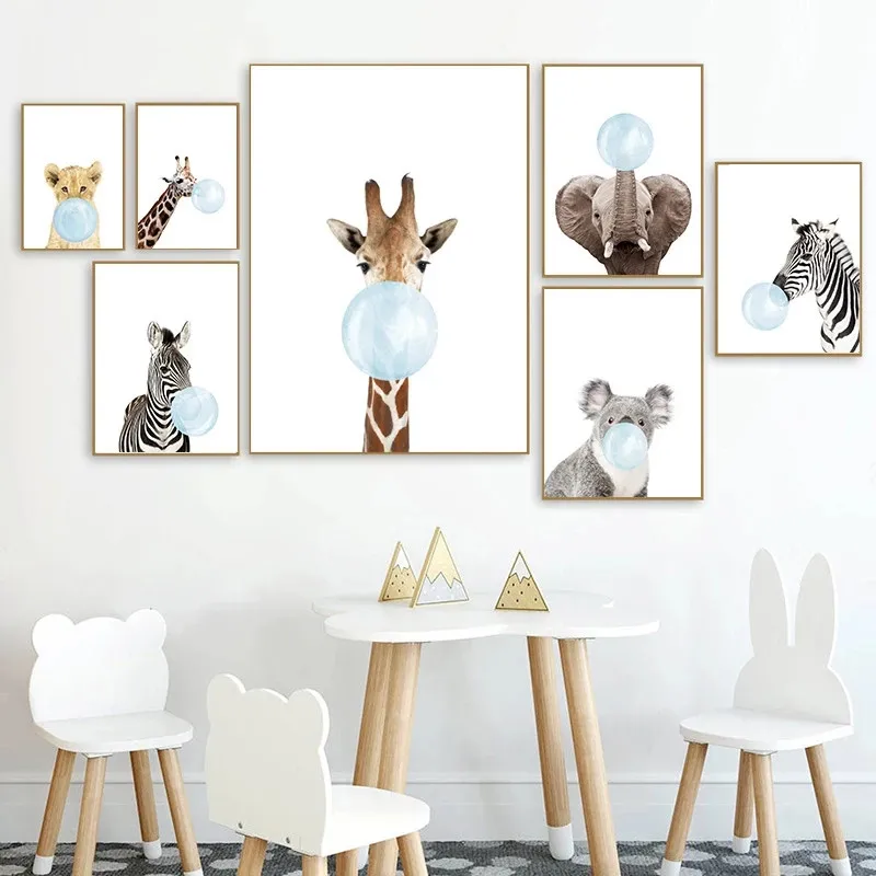 

Baby Animal Blue Bubble Poster Nursery Canvas Wall Art Print ​Zebra Giraffe Painting Nordic Kids Home Decoration Picture Bedroom
