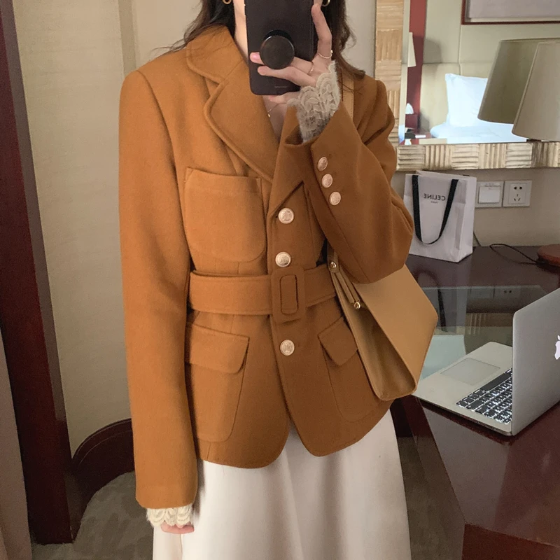 

SuperAen French Solid Woolen Notched Tie-up Slim Office Lady Coat Wide-waisted Women Jackets