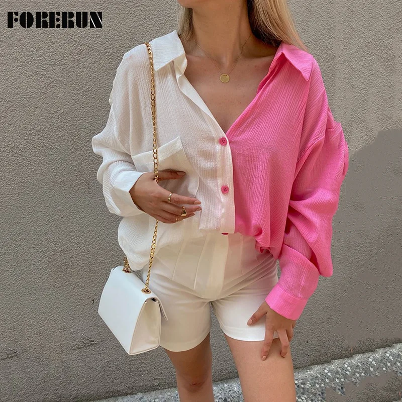 

FORERUN Long Shirts Women Oversized Patchwork Long Sleeve Blouses Turn Down Collar Fashion Casual Shirts Chemise Longue Femme