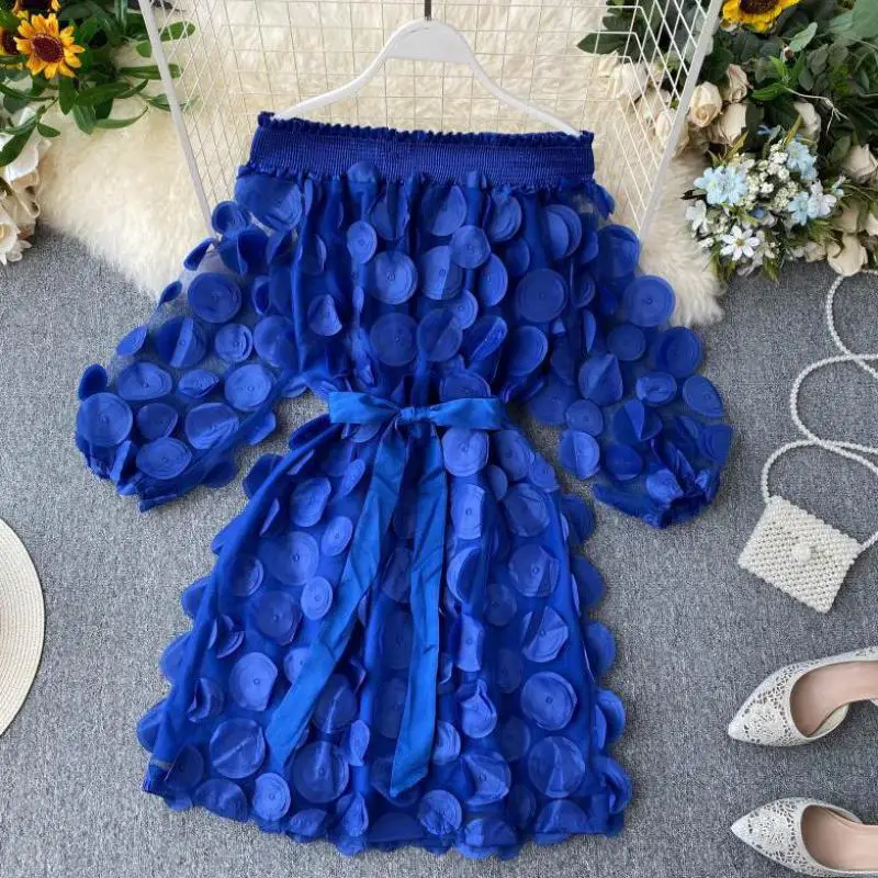 

Spring Elegant Dress Fashion Dimensional Three Quarter Bubble Sleeve Flower Closing Waist Slash Neck Vestidos Lace Bandage Dress