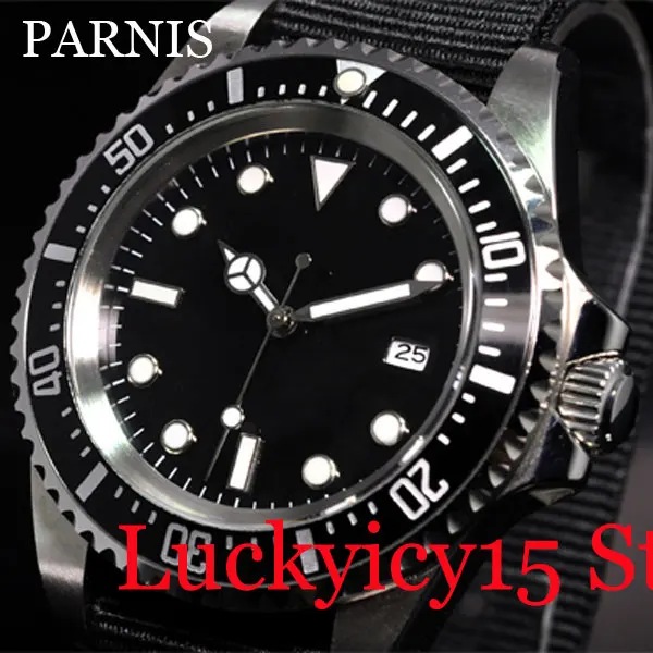 Механические часы PARNIS 42 мм стерильный черный циферблат светящиеся знаки