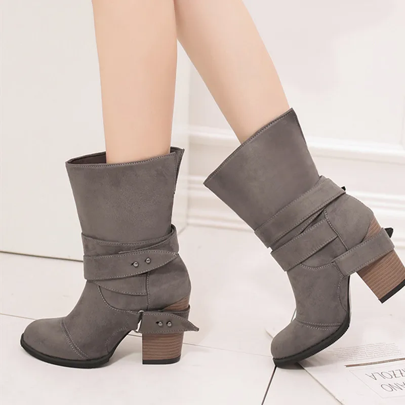 High Heels Ankle Boots Gray Brown Black Womens Shoes Large Sizes 42 43  Comfort Autumn Winter Fashion Woman Chunky Heels Boots