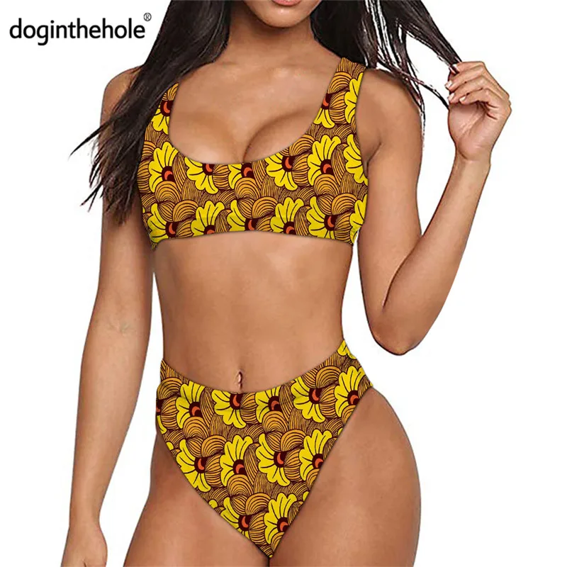 

Phayon Yellow African Wax Flowers Print Women Bikini Set 2021 New Beachwear Push Up Teen Girls Sexy Bathing Suit 2pcs Set