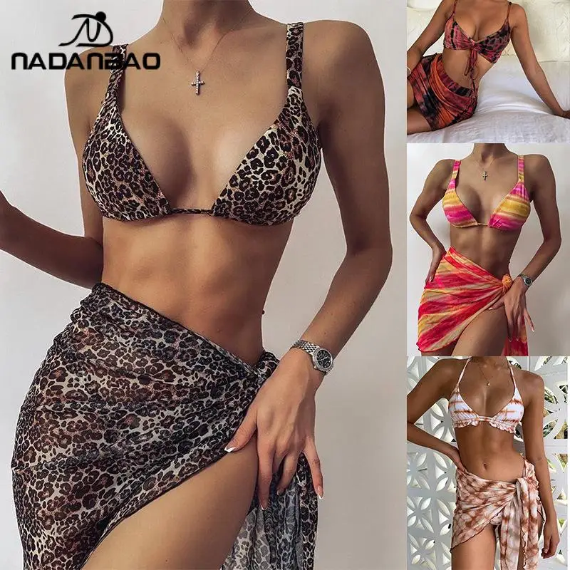 

NADANBAO летние сексуальные платья на бретелях; Комплект из трех предметов, модный детский костюм леопардовой расцветки комплект бикини с низк...