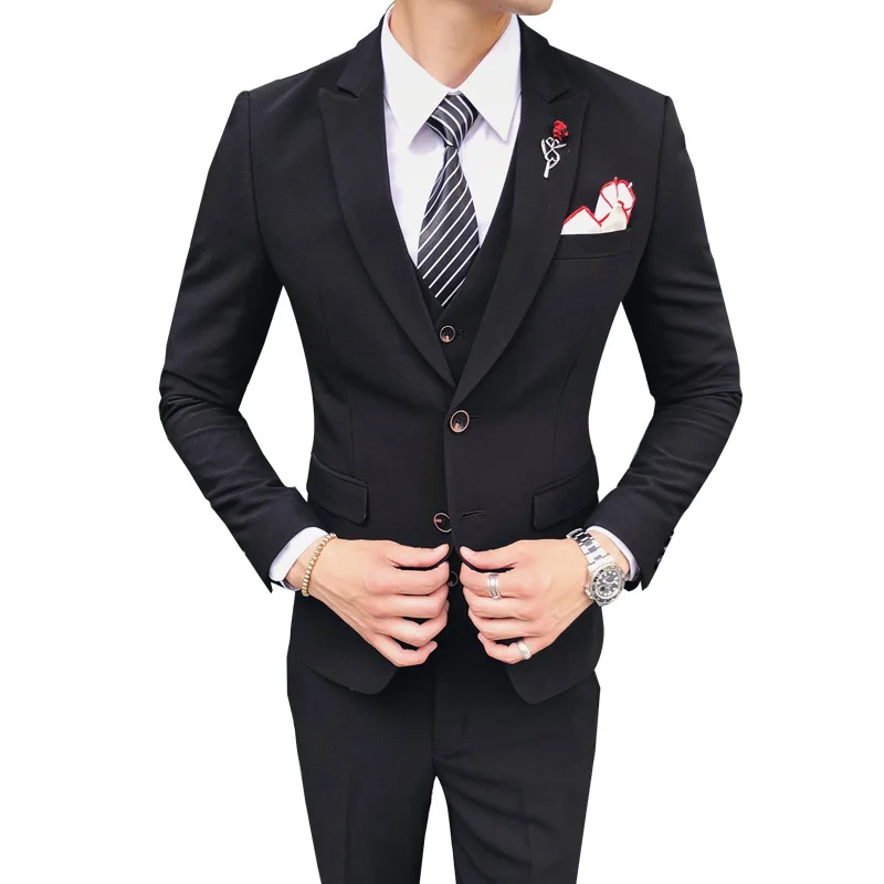 

Taobao new men's suit Korean slim fitting banquet dress business casual dark green suit three piece suit