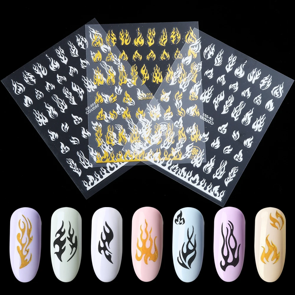 1Pcs 3D Flame Shape Nail Stickers Gold White Black DIY Nail Art Foil Decal Slider Adhesive Manicure Decoration Accessories