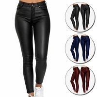 popular high waist womens casual leggings skinny pu leather pants springautumn high street blackbluepurplish red slim pants