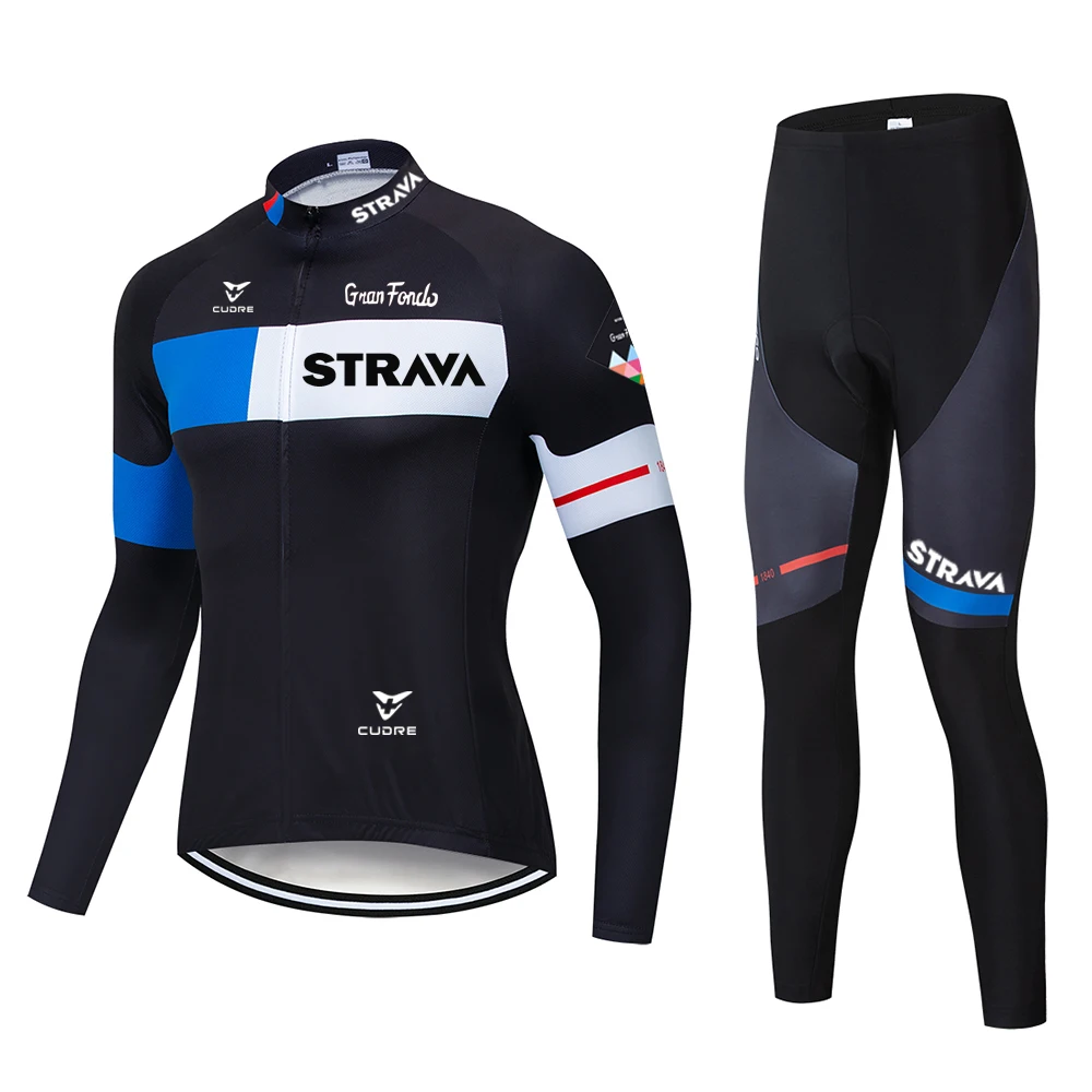 

Трикотажный комплект STRAVA с длинным рукавом для езды на велосипеде, брюки с нагрудником, одежда для езды на велосипеде, Джерси с коротким рук...
