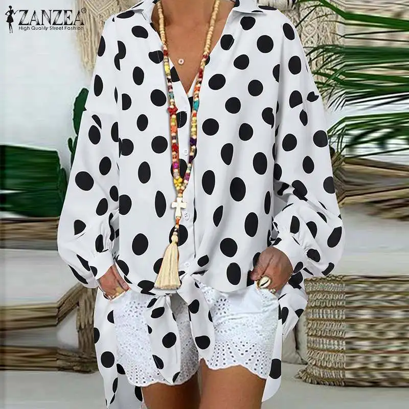 

Autumn Printed Shirts Women's Polka Dots Blouse ZANZEA 2022 Stylish Button Long Sleeve Blusas Female Tunic Chemise