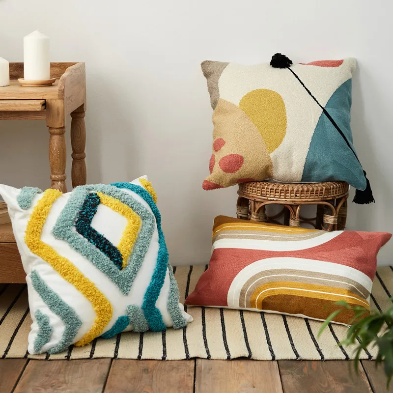 

Green Yellow Embroidery Cushion Cover Handmade Tassels Geometric Home Decor Pillow Cover 45x45/30x50cm for Sofa BedHome Decor
