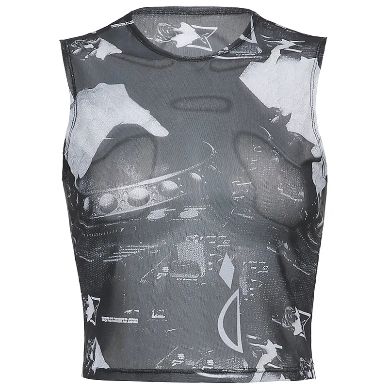 

ArtSu Graphic Mesh Tops Y2K Streetwear Green Sleevelesss Harajuku Crop Tops Women Summer O Neck Black Tank Top Female VE52879