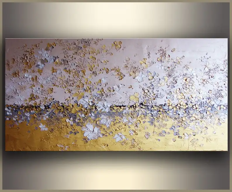 

Золотой, серый, белый, цветы, Оригинальная Живопись, цветы луга, абстрактный пейзаж, картина маслом, нож для палитры, цветочное искусство,