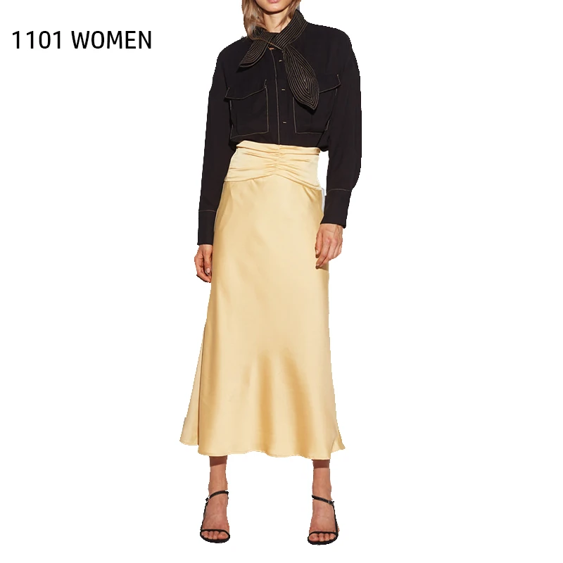 ZA NEW Spring women's yellow solid long skirt female fashion high street woman clothes | Женская одежда
