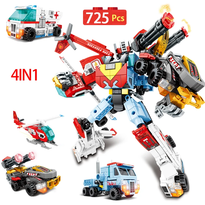 

725 Pcs 4 In1 City Technical Deformed Robot Helicopter Building Blocks Warrior Ambulance Tanks Car Bricks DIY Toys For Kids Gift