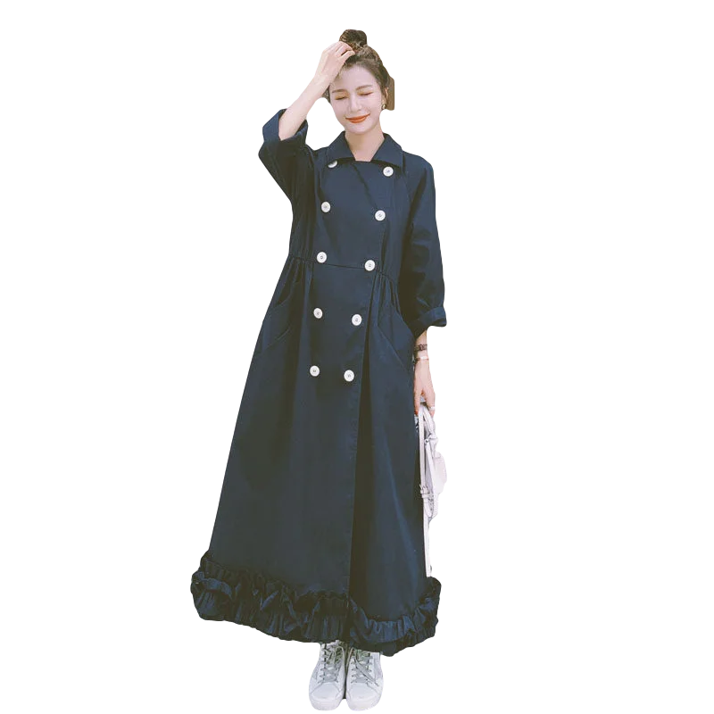 

LANMREM 2021 spring turn-down collar adjustable waist ankle-length double-breasted loose long-sleeved navy blue trench coat
