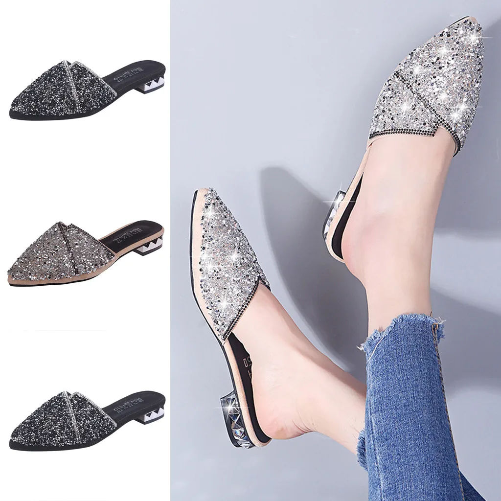 SAGACE Slippers Women Fashion Luxury 2020 Rhinestone Pointed Toe Low Heeled Hot Sale Ladies Summer Casual Beach Shoes | Спорт и