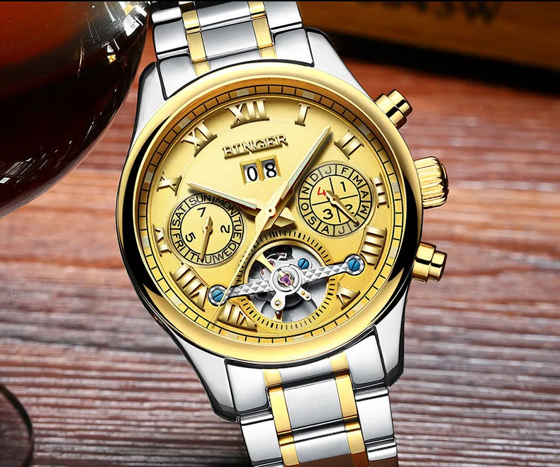 Швейцарские Бингер мужские часы люксовый бренд Tourbillon сапфир светящиеся несколько функций механические наручные часы B8602-7