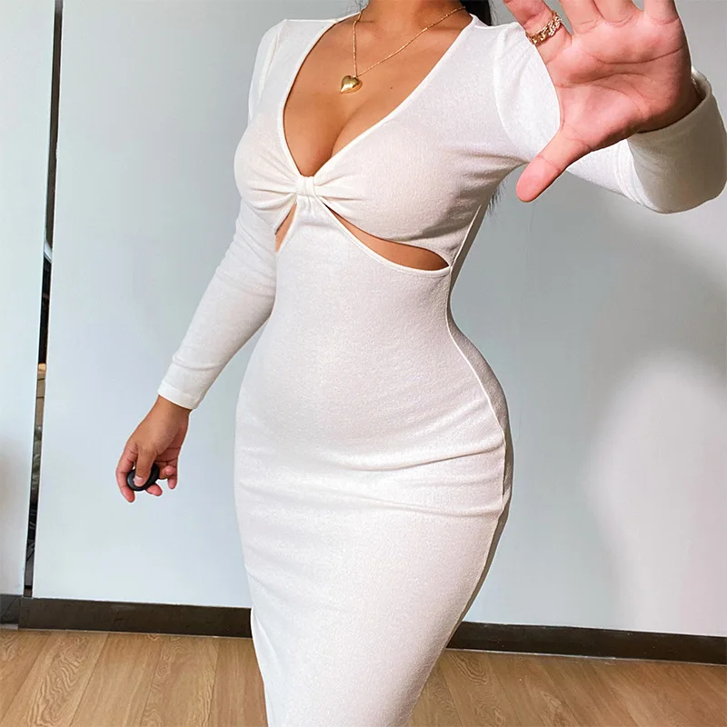 

Элегантное ажурное платье, женское осеннее однотонное облегающее платье с длинным рукавом и высокой талией, Привлекательное Женское празд...