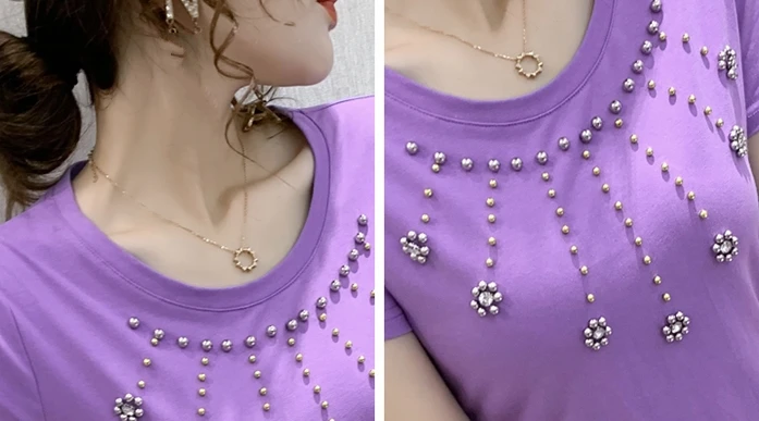 

Summer Korean Clothes T-shirt Fashion Solid Beading Cotton Women Tops Ropa Mujer Short Sleeve Bottoming Shirt Tees 2020 T06823